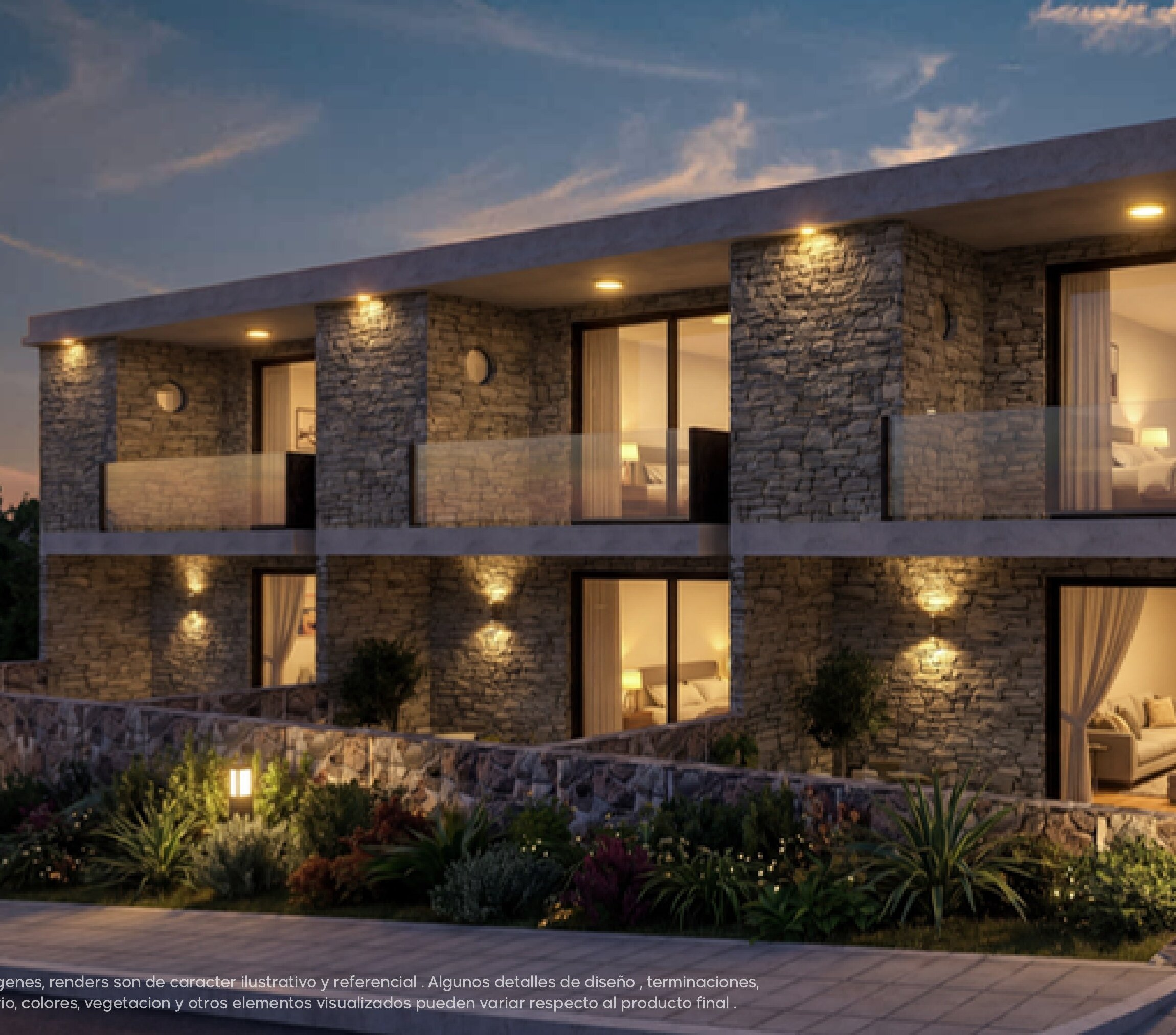 Render fachada Bloque A — 3 dormitorios al atardecer